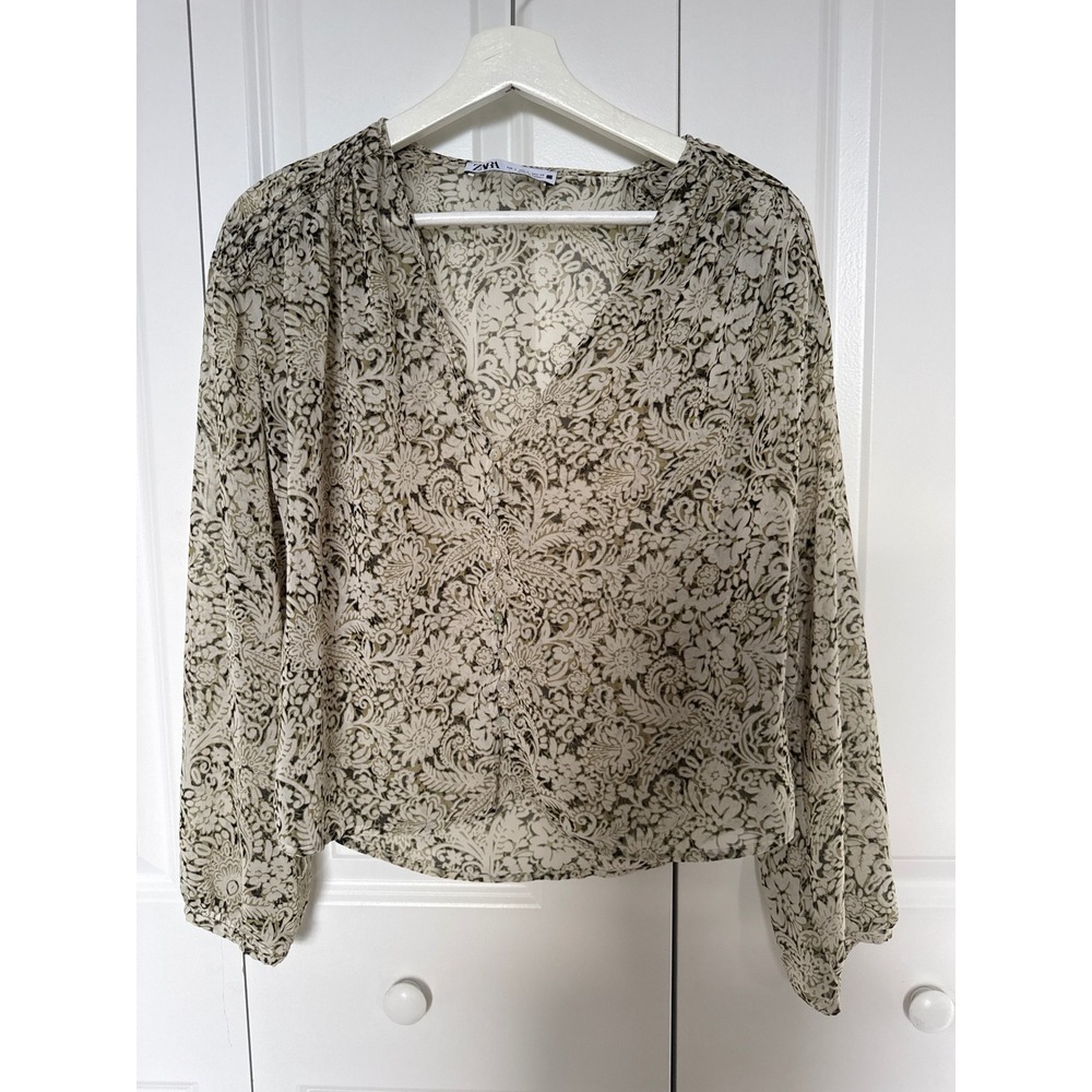 Zara Sheer Floral Paisley Button Front Blouse Olive Green V-Neck Long Sleeve S